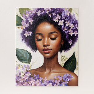 Puzzle Fleurs violettes de la fille noire Portrait botani