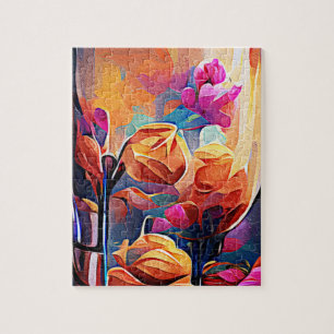 Puzzle Floral Abstract Art Orange Red Blue Flowers