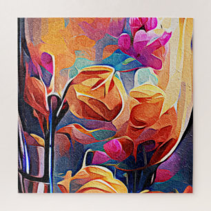 Puzzle Floral Abstract Art Orange Red Blue Flowers