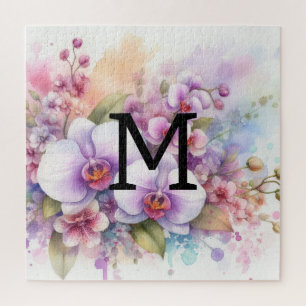 Puzzle Floral aquarelle monogramme fleurs d'orchidées ros
