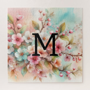 Puzzle Floral aquarelle monogramme rose cerisier fleurs