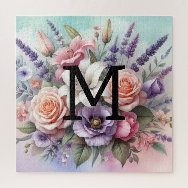 Puzzle Floral aquarelle monogramme rose fleurs violettes (Vertical)