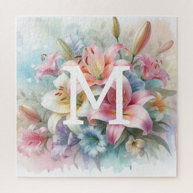 Puzzle Floral aquarelle monogramme rose lys fleurs (Vertical)
