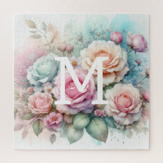 Puzzle Floral aquarelle monogramme rose roses fleurs (Vertical)