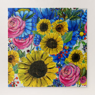 Puzzle Floral bleu jaune rose sans joint