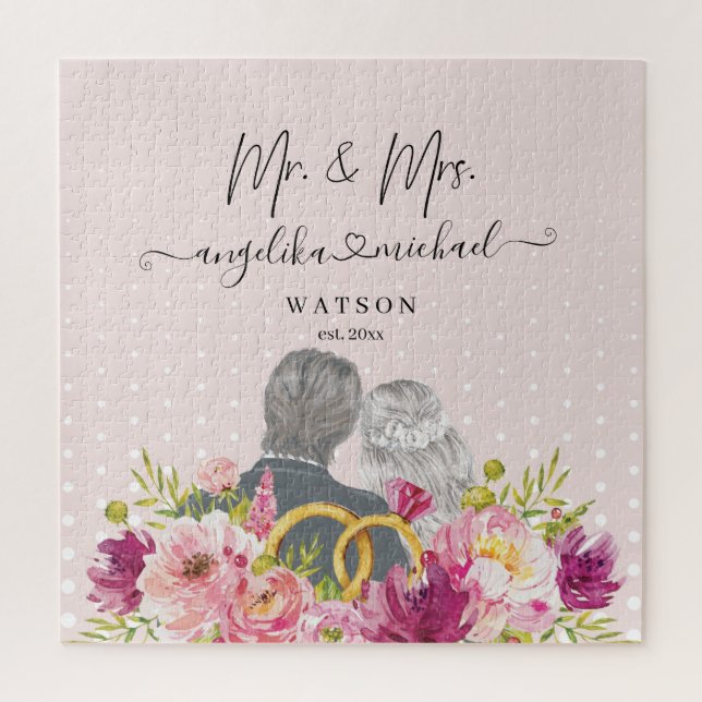 Puzzle Floral Blush Peonies Script tendance Mr et Mrs. (Vertical)