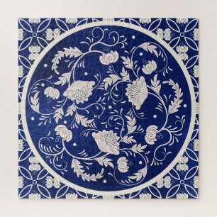 Puzzle Floral chinois rond : Aquarelle bleue Vintage