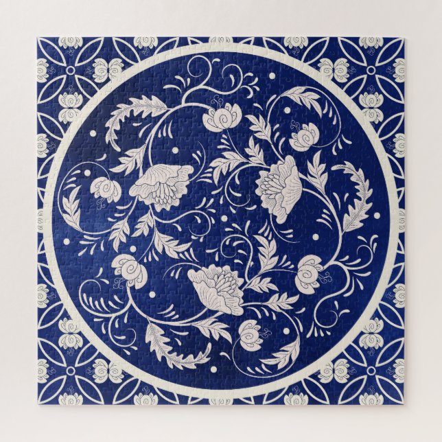 Puzzle Floral chinois rond : Aquarelle bleue Vintage (Vertical)