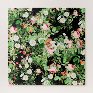 Puzzle Floral Imprimer Rose rose et blanc Fleurs sur noir