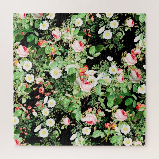 Puzzle Floral Imprimer Rose rose et blanc Fleurs sur noir (Vertical)
