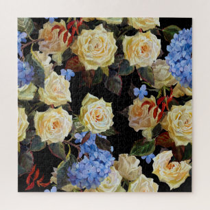 Puzzle Floral motif moderne, roses blanches, hydrangée bl