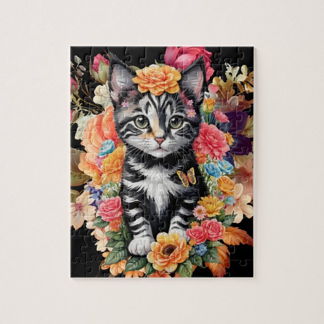 Puzzle floral noir et blanc Kitten (Vertical)