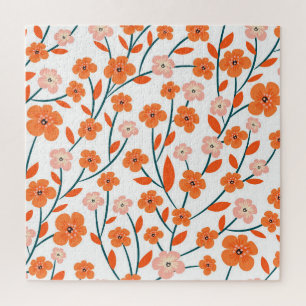 Puzzle Floral Orange Pastel Blanc sans couture