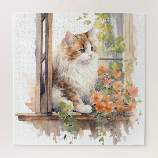 Puzzle Fluffy Chat Ferme Fenêtre Orange Floral Peinture (Vertical)