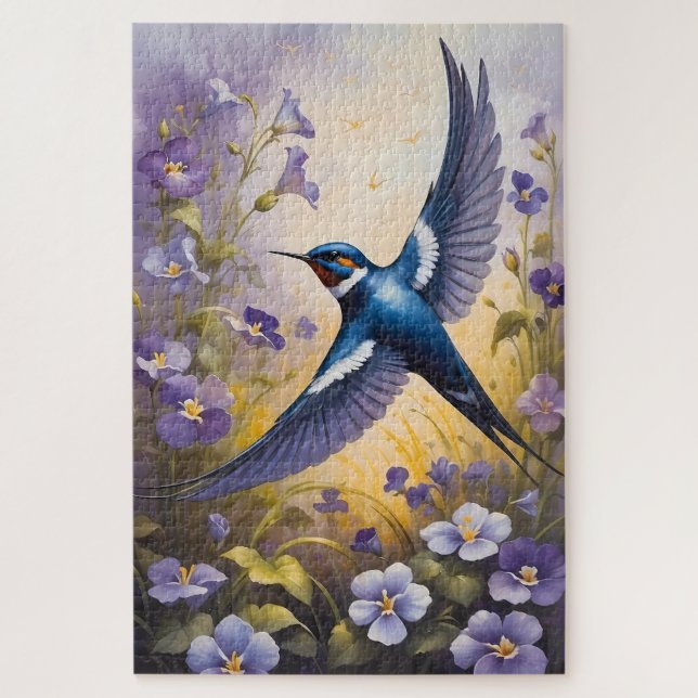 Puzzle Flying Swallow Field of Violet Flowers (Vertical)