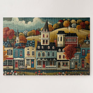 Puzzle Folk Art rue de petite ville en automne