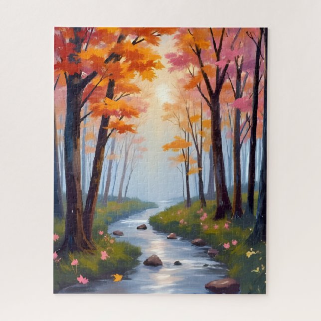 Puzzle Forest Creek | Fall Foliage Watercolor Landscape (Vertical)