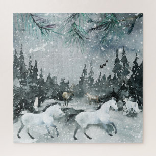 Puzzle Forêt Bois Nuit Ciel Blanc Horse & Animaux