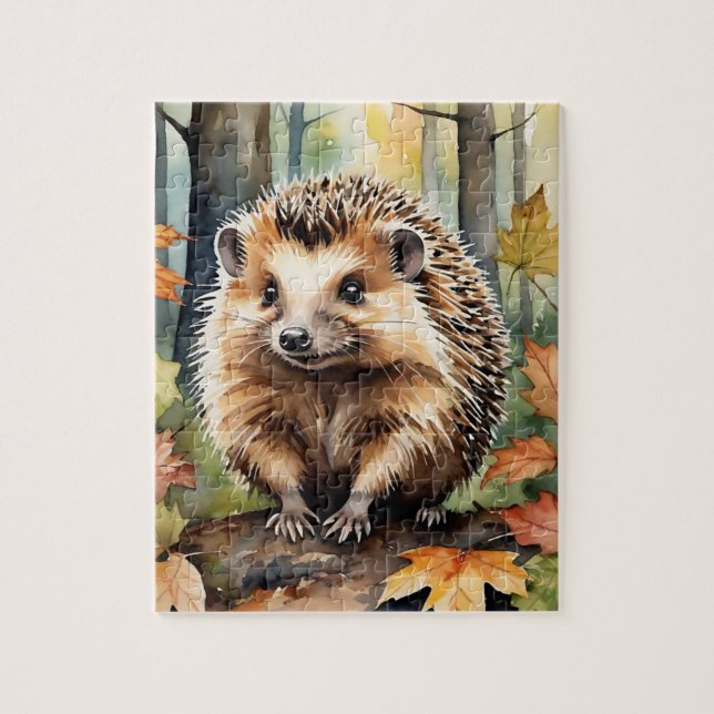 Puzzle Forêt de Bois Aquarelle Hérisson Automne Animal (Vertical)
