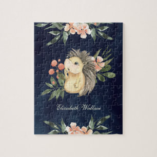 Puzzle Forêt de Bois Hérisson Mignon Bleu Marine Nom