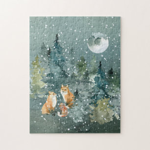 Puzzle Forêt de la famille renard pleine lune enneigée