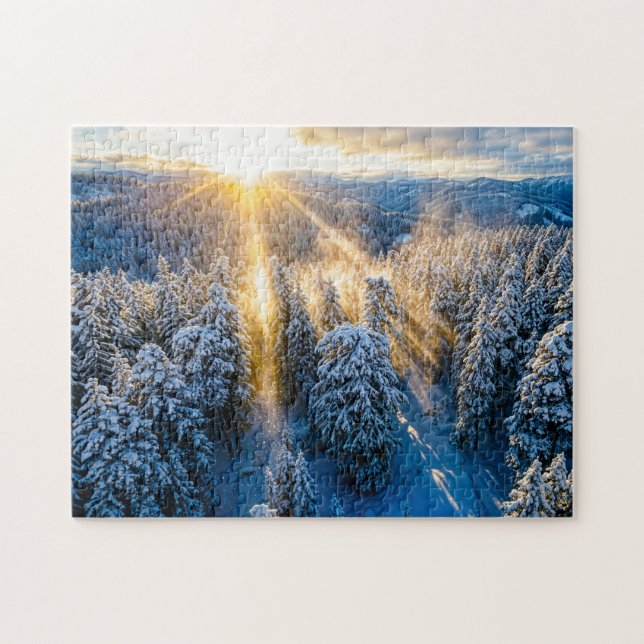 Puzzle Forêt de sapins enneigée vue aérienne (Horizontal)