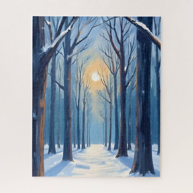 Puzzle Forêt d'hiver Arbres à l'aquarelle Bleu (Vertical)