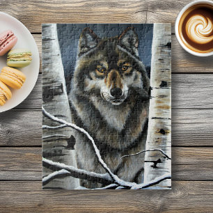 Puzzle Forêt mystique de bouleaux en hiver avec loup alph