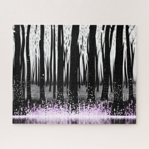 Puzzle Forêt noire et blanche mystique à fleurs violettes