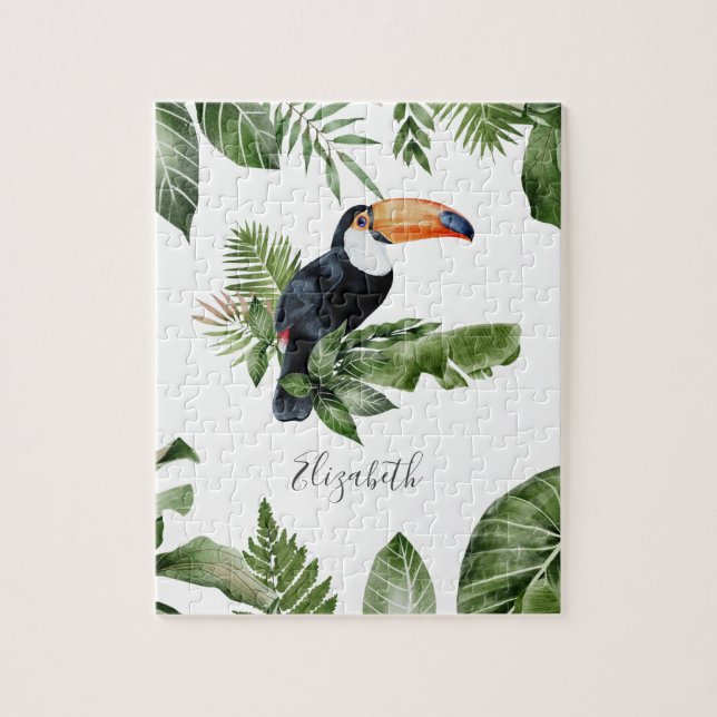 Puzzle Forêt tropicale Toucan mignon Nom personnalisé (Vertical)
