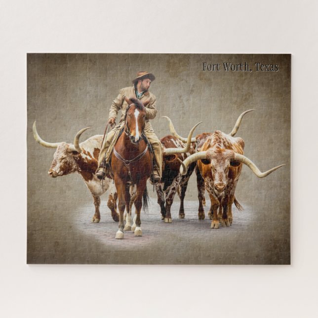 Puzzle Fort Worth Cattle Drive sur la sépia texturée (Horizontal)