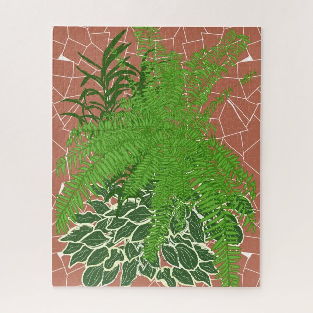 Puzzle Fougères vertes et hostas sur mosaïque de terre cu (Vertical)