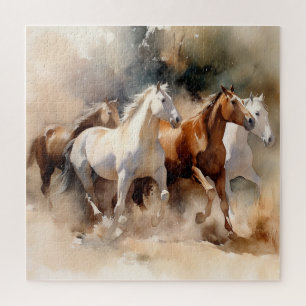 Puzzle "Four Galloping Mustangs" Aquarelle Occidentale Du