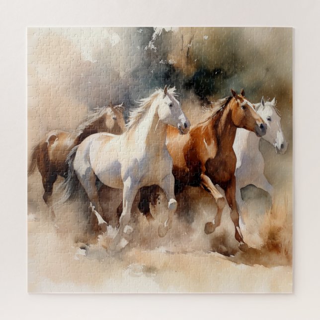 Puzzle "Four Galloping Mustangs" Aquarelle Occidentale Du (Vertical)