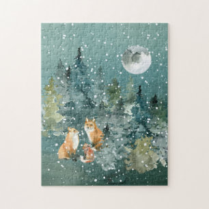 Puzzle Fox Family Forest Pleine lune Snowfall