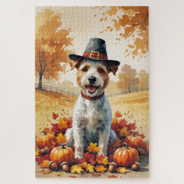 Puzzle Fox-Terrier à poil dur dans les feuilles d'automne (Vertical)