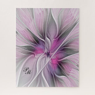 Puzzle Fractal Floral Abstrait Fleur Rose Gris Initiales