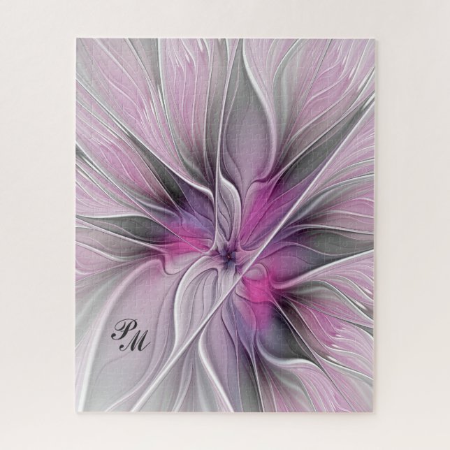 Puzzle Fractal Floral Abstrait Fleur Rose Gris Initiales (Vertical)