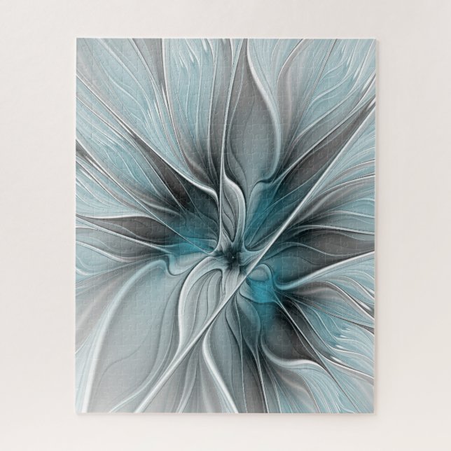 Puzzle Fractal Floral Moderne Abstrait Fleur Bleu Gris (Vertical)