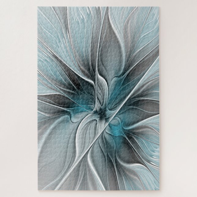 Puzzle Fractal Floral Moderne Abstrait Fleur Bleu Gris (Vertical)