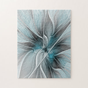 Puzzle Fractal Floral Moderne Abstrait Fleur Bleu Gris