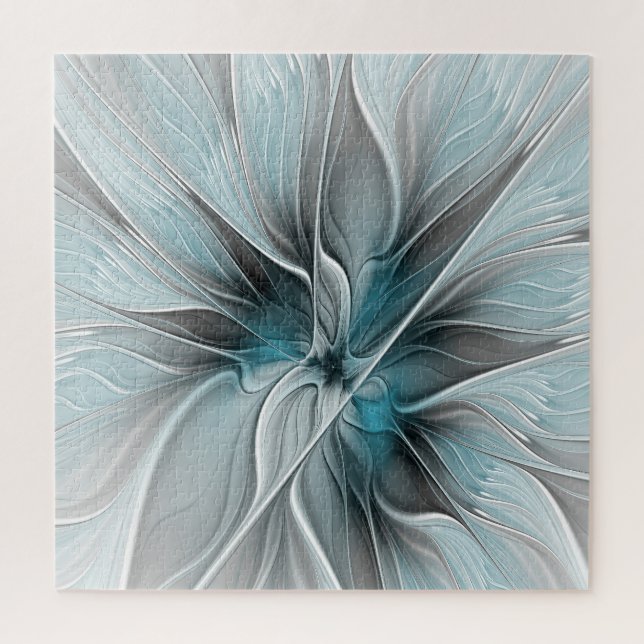 Puzzle Fractal Floral Moderne Abstrait Fleur Bleu Gris (Vertical)