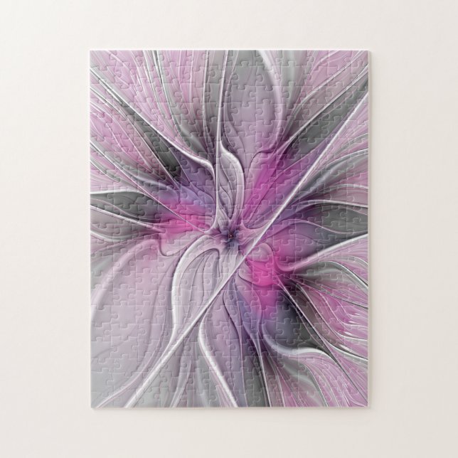 Puzzle Fractal Floral Moderne Abstrait Fleur Rose Gris (Vertical)