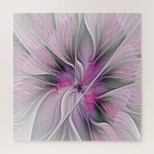 Puzzle Fractal Floral Moderne Abstrait Fleur Rose Gris
