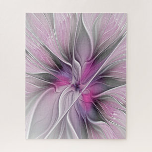 Puzzle Fractal Floral Moderne Abstrait Fleur Rose Gris