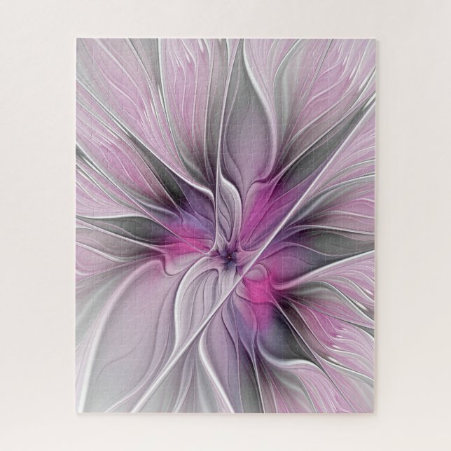 Puzzle Fractal Floral Moderne Abstrait Fleur Rose Gris (Vertical)
