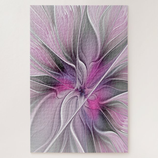 Puzzle Fractal Floral Moderne Abstrait Fleur Rose Gris (Vertical)