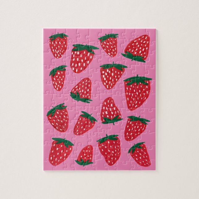 Puzzle Fraises d'été bio rouge sur arrière - plan rose (Vertical)