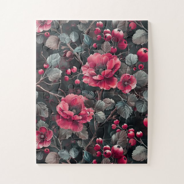 Puzzle Framboise, fleurs bordeaux sur gris foncé (Vertical)