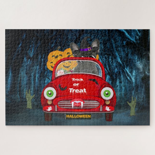 Puzzle Français Bulldog Driving Car Effrayant Halloween (Horizontal)
